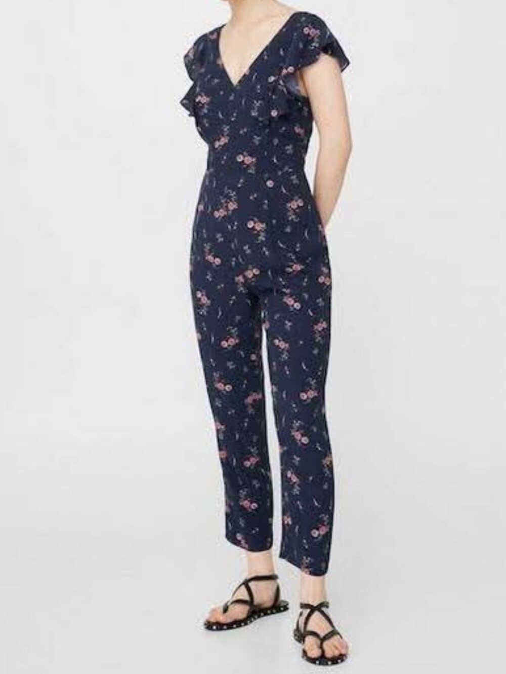 Mango Navy Floral V-Neck Jumpsuit with Flutter Sleeves